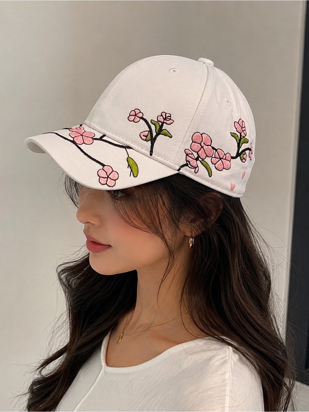 White Floral Embroidered Baseball Cap - Pink Blossoms